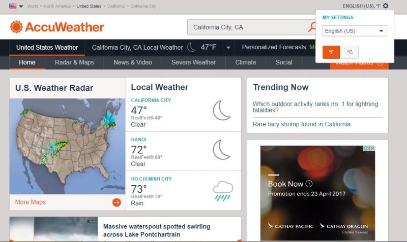Giao diện của trang web thời tiết AccuWeather