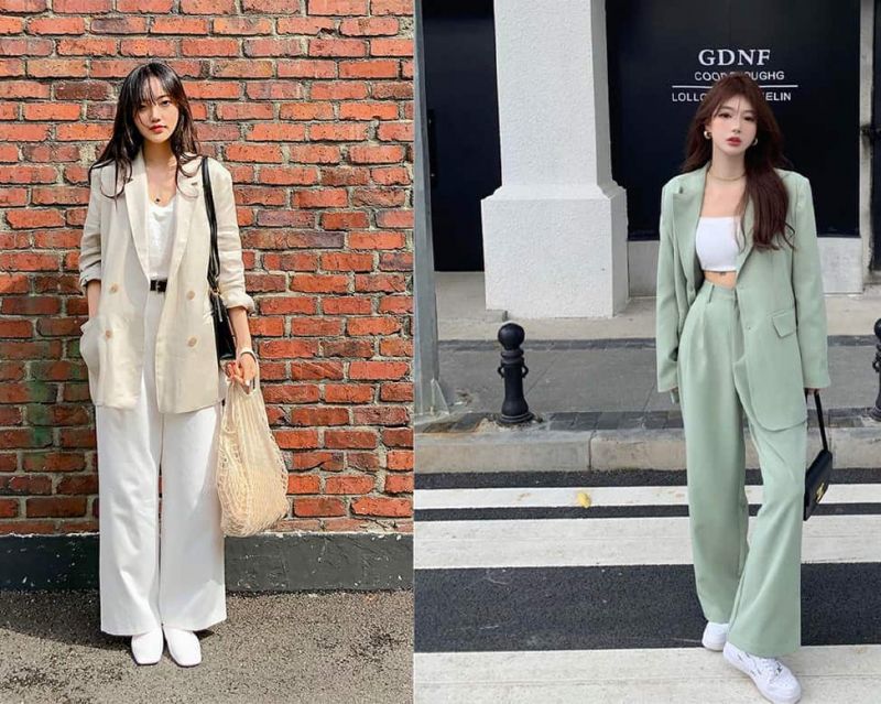Áo blazer với quần ống rộng