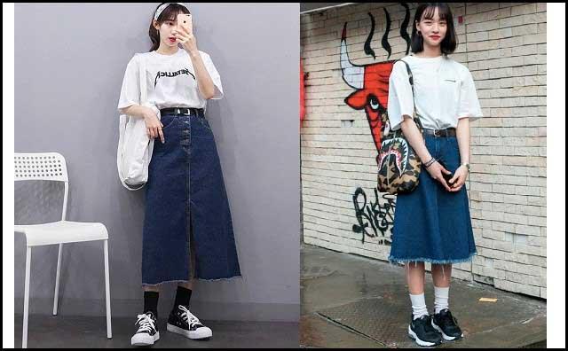Áo thun phối chân váy denim