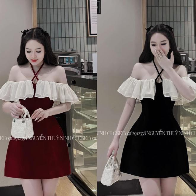 Đầm tết noel trễ vai cổ yếm bèo body vải nhung màu đỏ có mút HP FASHIONTREND váy nữ nhung mùa đông đi tiệc tôn dáng G617