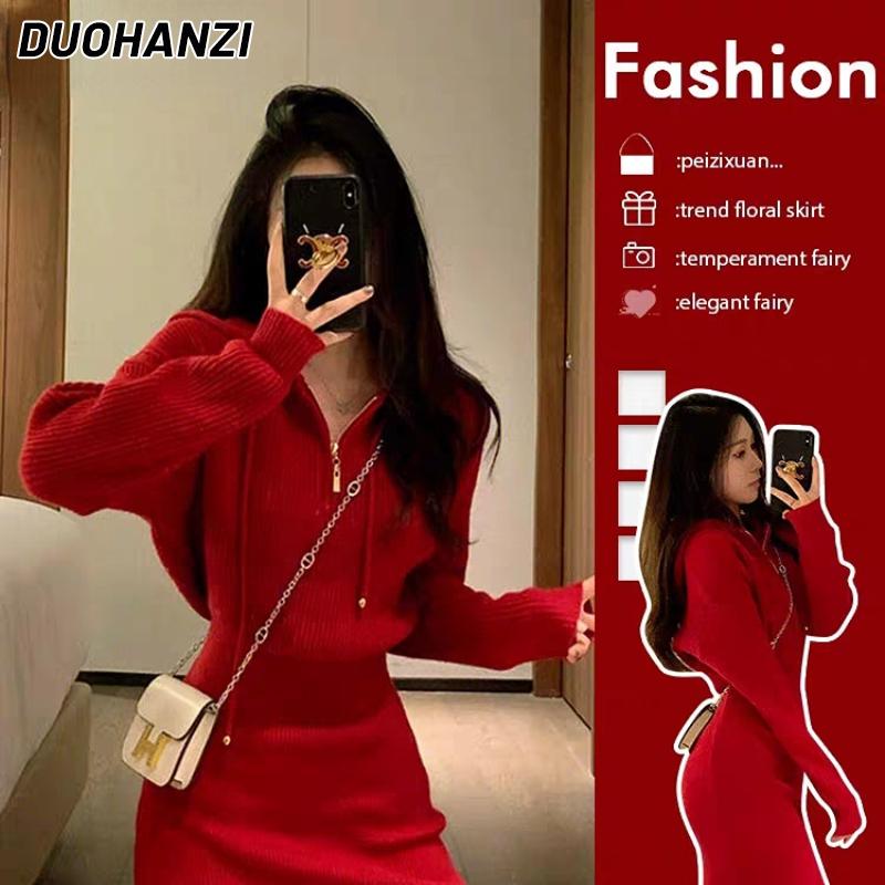 DUOHANZI Đầm len ngắn ôm dáng màu đỏ Giáng Sinh thời trang thu đông cho nữ