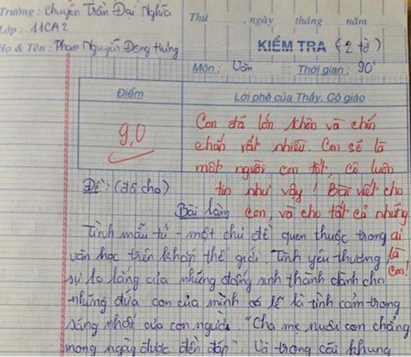 Bài văn của Phạm Nguyễn Đông Hưng viết về tình mẫu tử đạt 9 điểm