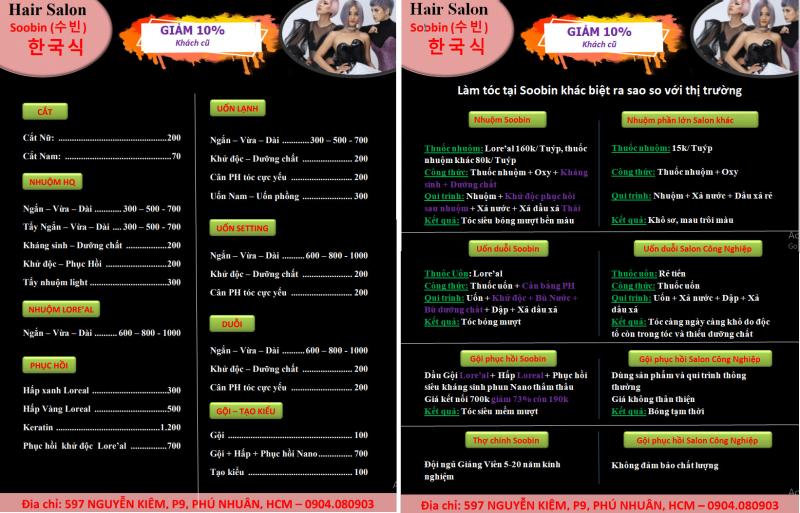 Bảng giá và ưu điểm của Salon Soobin (수빈) 한국식
