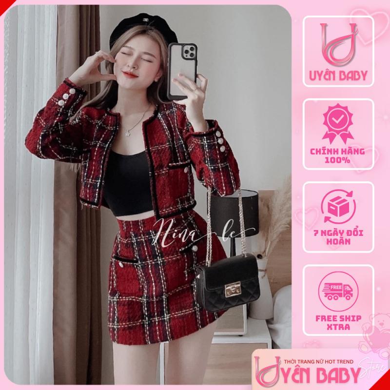 Set dạ tweed nữ kẻ đỏ viền nhung mùa đông kèm chân váy dạ kiểu dáng tiểu thư Hàn Quốc - Uyên Baby Store