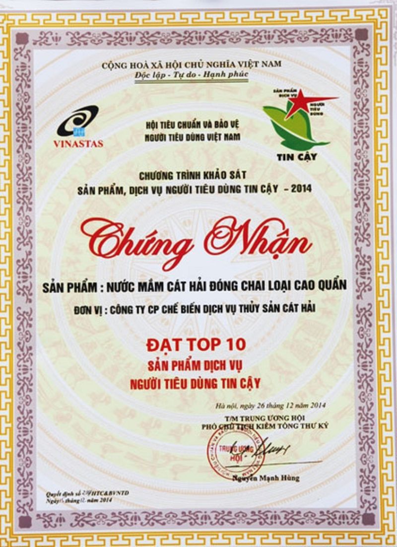 Chứng nhận đạt top 10 sản phẩm dịch vụ người tiêu dùng tin cậỵ.