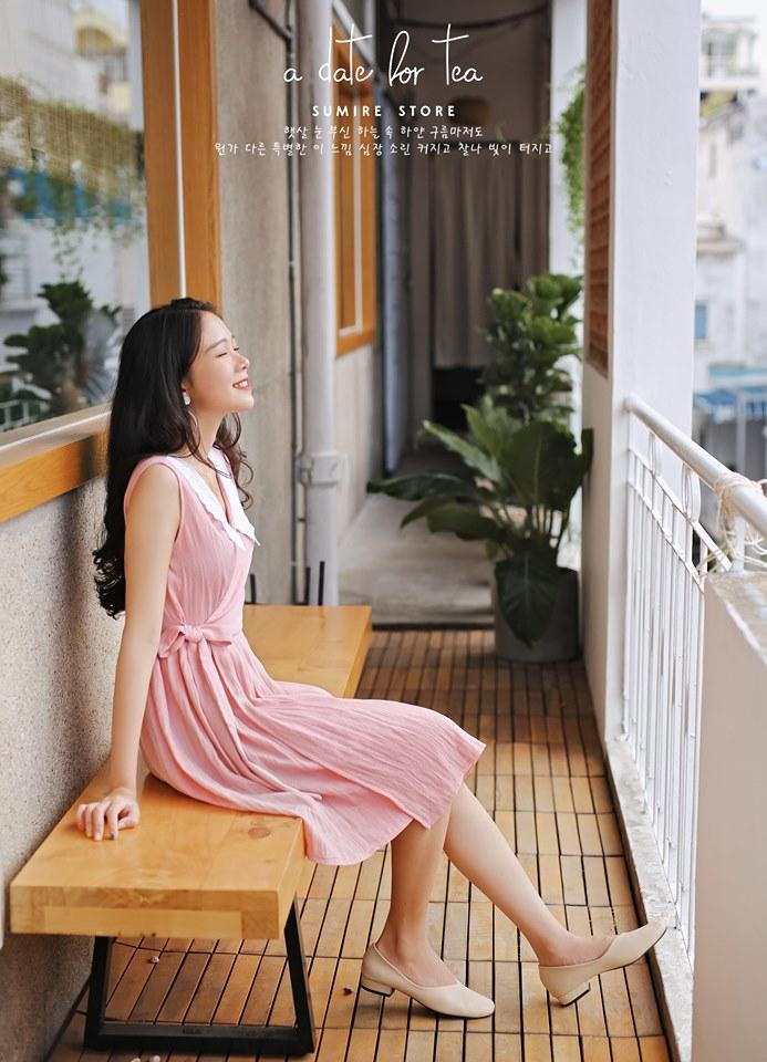 Đầm hanbok dạng wrapdress, chất liệu linen, cổ phối vải ren