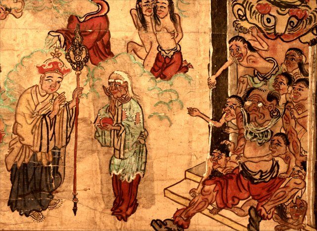 Tranh vẽ Nhật Bản diễn tả lại câu chuyện Mục Kiền Liên xuống địa ngục cứu mẹ đnag chịu tội khổ